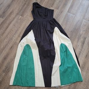 Black green and white color block one shoulder tank gown